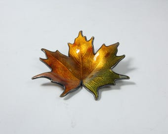 Vintage 925 Silver Enamel Leaf Brooch Norwegian Folk Art Autumn Leaf Pin Nature Inspired Jewelry