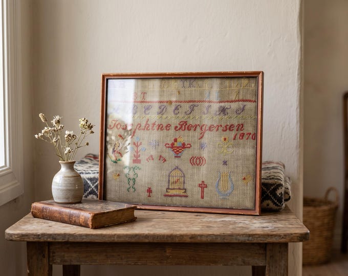 Antique Norwegian Alphabet Sampler | Original 1870 Needlework by Josephine Bergersen | Framed Folk Art Textile Wall Decor
