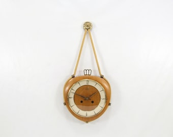 Kienzle Wooden Wall Clock - 1950s German Mechanical Rope Hanging Clock with Original Key