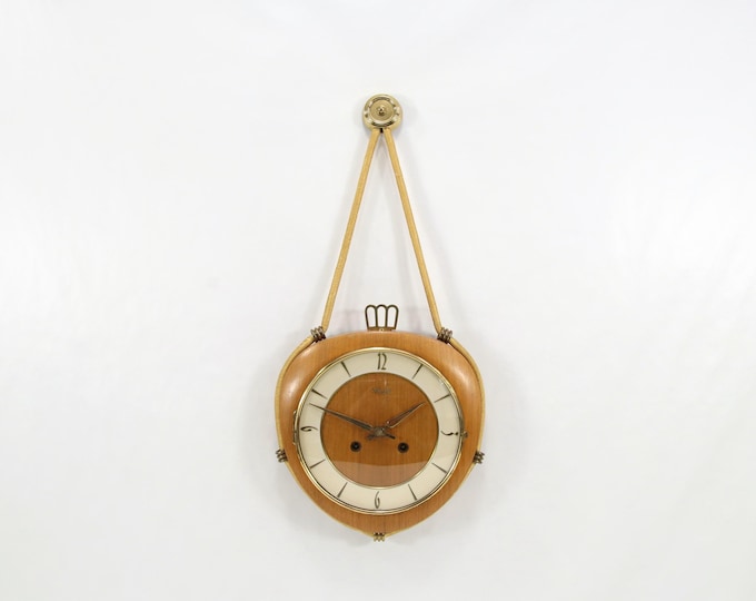 Kienzle Wooden Wall Clock - 1950s German Mechanical Rope Hanging Clock with Original Key