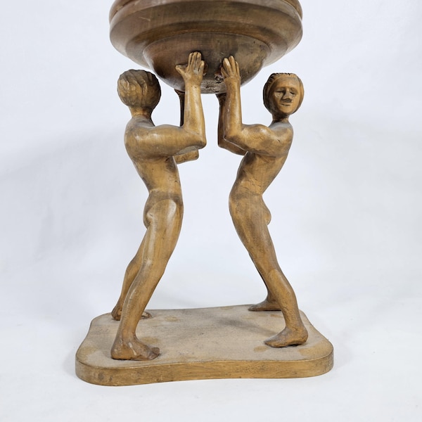 Vintage Norwegian Hand-Carved Wooden Figure: Two Men Holding Throne - 1960s Folk Art Sculpture