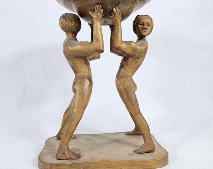 Vintage Norwegian Hand-Carved Wooden Figure: Two Men Holding Throne - 1960s Folk Art Sculpture
