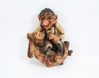 Vintage 1965 Gino Manca Wall Troll Figurine | Hand Painted Gypsum Scandinavian Troll with Fish | Nordic Folk Art Home Wall Decor