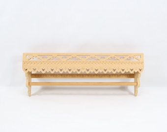 Norwegian Folk Art Carved Wooden Wall Shelf | Decorative Kitchen Shelf with Towel Bar | Scandinavian Hand Carved Wood 1990s