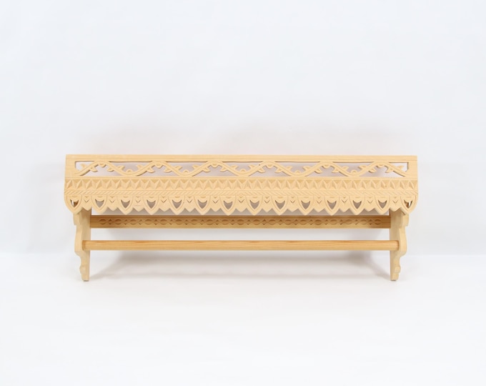 Norwegian Folk Art Carved Wooden Wall Shelf | Decorative Kitchen Shelf with Towel Bar | Scandinavian Hand Carved Wood 1990s