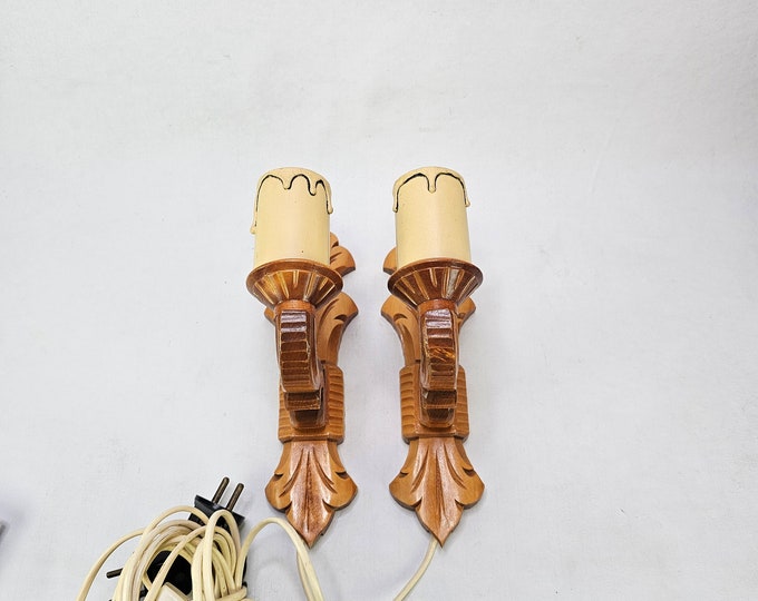 Handcrafted Wooden Wall Scones - Antique Rustic Wood Lamps - Norwegian Folk Art-inspired Decor