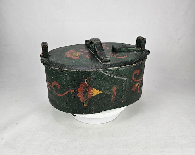 Antique Norwegian Bentwood Keepsake Box with Primitive Rosepaint - Dated 1919 - Vintage Norwegian folk art
