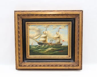 Vintage Maritime Print After Albert Hess | Steam and Sail Ship Scene | 1970s Nautical Wall Art | Framed European Seascape Decor