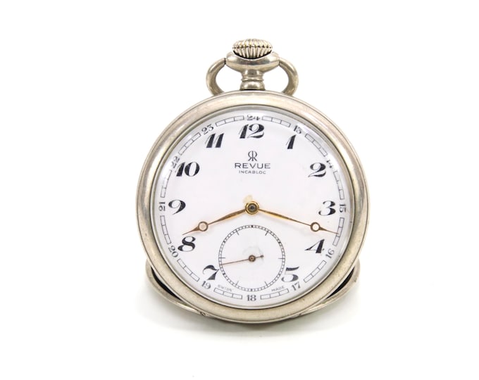 Vintage Revue Swiss Pocket Watch 1940s – Silver Tone Case, White Enamel Dial with Arabic Numerals, Manual Wind 15 Jewel Movement