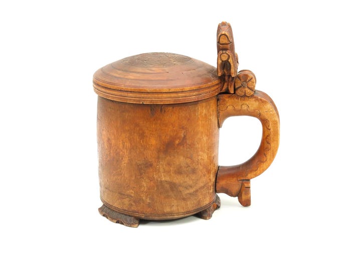 Antique 1800s Norwegian Lion Mug | Hand-Carved Wooden Tankard with Lion Finial Lid, Rustic Scandinavian Folk Art Collectible