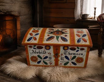 Antique Norwegian Rosemaling Chest 1907 | Hand Painted Os Paint Trunk from Bergen | Large Folk Art Bridal Box | Vintage Scandinavian Decor