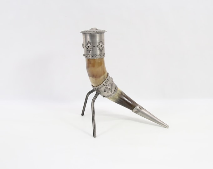 Vintage Norwegian Drinking Horn | JB Handmade Pewter and Cow Horn Decor | Viking Inspired Decorative Object | 1970s Scandinavian Art