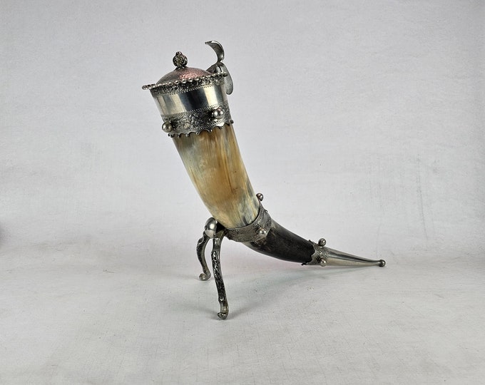 Vintage Pewter and Hand Cast Norwegian Cow Horn Drinking Horn - Unique Folk Art Decoration - Rare vintage norwegian