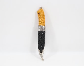 Norwegian Bunad Dress Knife | 925 Sterling Silver Hand Engraved | Lion Head Holly Wood Handle & Carved Sheath | Vintage Folk Costume