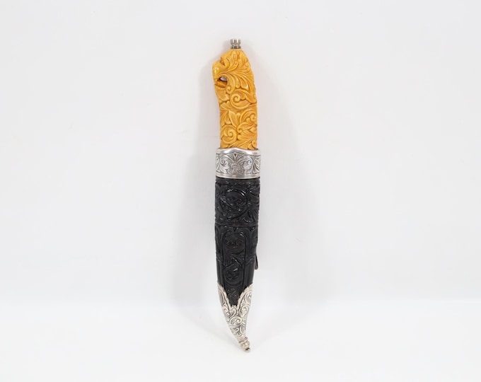 Norwegian Bunad Dress Knife | 925 Sterling Silver Hand Engraved | Lion Head Holly Wood Handle & Carved Sheath | Vintage Folk Costume