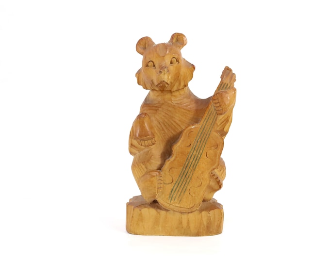 Vintage Norwegian Hand Carved Bear with Guitar - 1970s Folk Art Wooden Figurine Rustic Scandinavian Decor