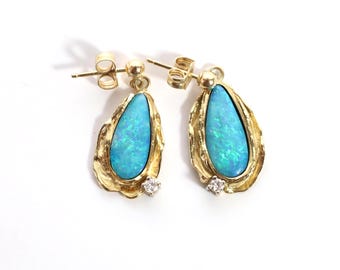Australian Opal Earrings | 14k Gold Opal Jewelry | Diamond Accent Earrings | Fine Jewelry Gift | Nature Inspired