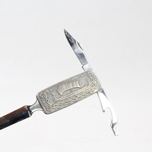 Navaja de bolsillo noruega con abrecartas, década de 1970 / Motivo de barco vikingo / Navaja de peltre / Caja original / Regalo nórdico / Pieza de coleccionista