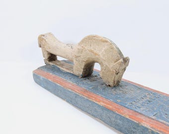 Antique 18thC Norwegian Mangle Board | Hand Carved Horse Handle Betrothal Gift | Primitive Scandinavian Folk Art Tool with Patina