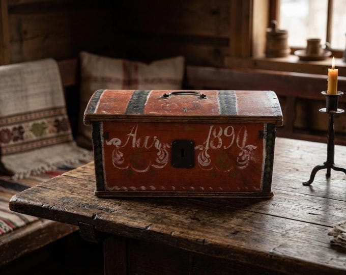 Antique Norwegian Folk Art Chest | 1890 Painted Wood Trunk, Small Wooden Chest, Time Capsule Box, Memory Keeper