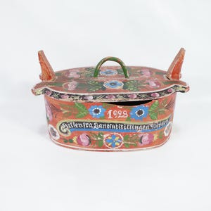 Scatola norvegese in legno curvato 1928 / Decorazione con vernice Os / Scatola floreale vintage / Scatola artigianale da collezione / Tesoro raro