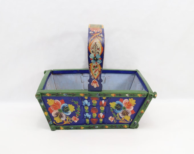Antique Norwegian Rosemaling Basket Dated 1887 - Hand-Painted Wooden Folk Art Basket with Handle