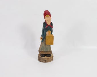 Hand Carved Norwegian Wooden Farmer Lady Figure - Vintage Retro Folk Art Decor
