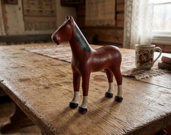 1920s Norwegian Folk Art Horse Sculpture | Hand Carved Wooden Horse Figure With Original Paint Rustic Scandinavian Decor