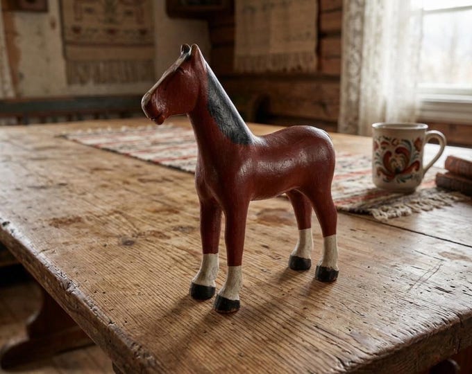 1920s Norwegian Folk Art Horse Sculpture | Hand Carved Wooden Horse Figure With Original Paint Rustic Scandinavian Decor