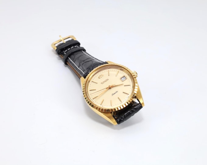 Timon Automatic Swiss Watch | Vintage 1970s 34mm Gold-Plated Mechanical Wristwatch | Swiss Made Watch with Leather Strap