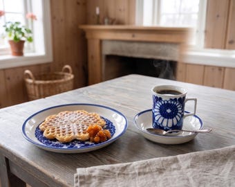 1970s Norwegian Blue Marguerite Breakfast Trio | Cobalt Daisy Porcelain | Scandinavian Vintage Set