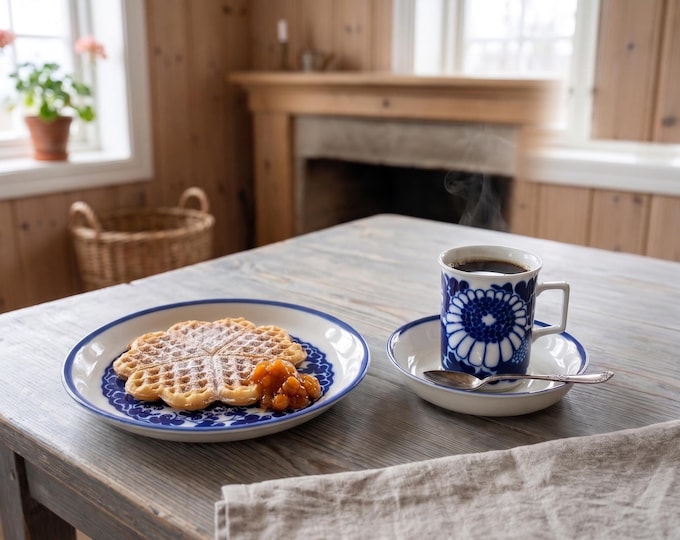 1970s Norwegian Blue Marguerite Breakfast Trio | Cobalt Daisy Porcelain | Scandinavian Vintage Set