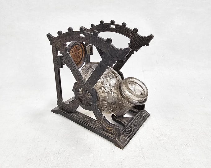 Victorian Era Antique Cast Iron Stork Inkwell Stand Patented 1879 - Vintage Office Decor Collectible