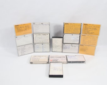 Vintage Commodore 64 Data Cassettes Collection | 1980s Home Computer Game Recordings | Retro BASF & Maxell Tape Lot with Handwritten Labels