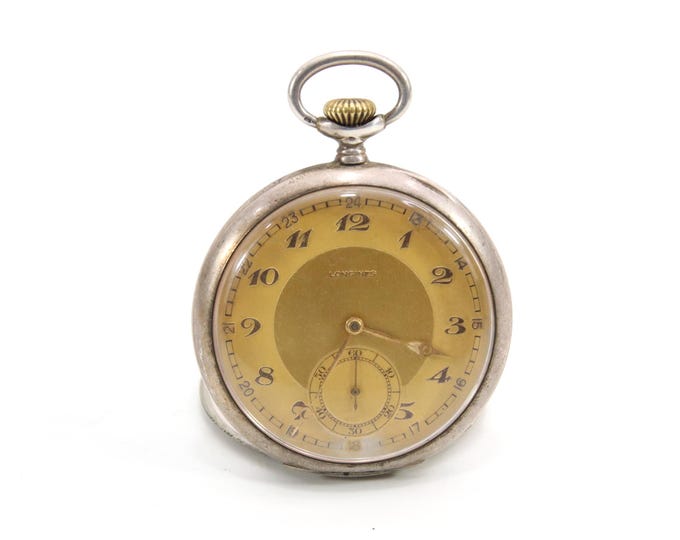 Antique Longines Swiss Pocket Watch ca. 1910s – 0.800 Silver Case, Gold Tone Dial with Arabic Numerals, Manual Wind Movement
