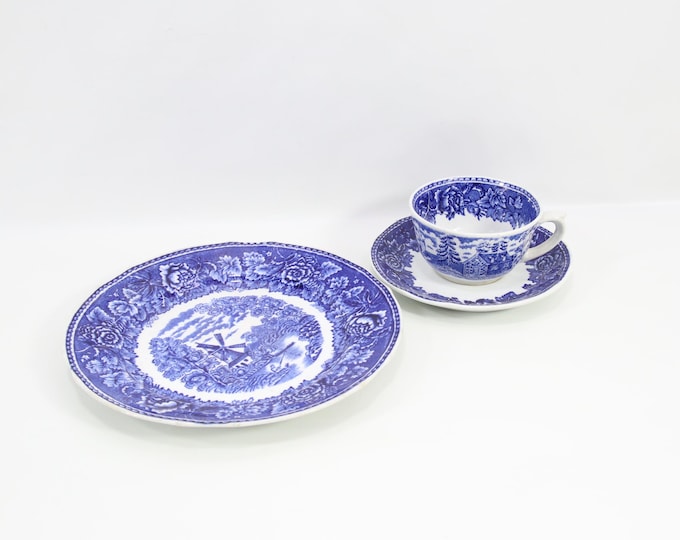 Arabia Maisema Tea Set Trio | Blue Landscape Porcelain | 1940s–1970s Finnish Coffee Cup Saucer Plate Set