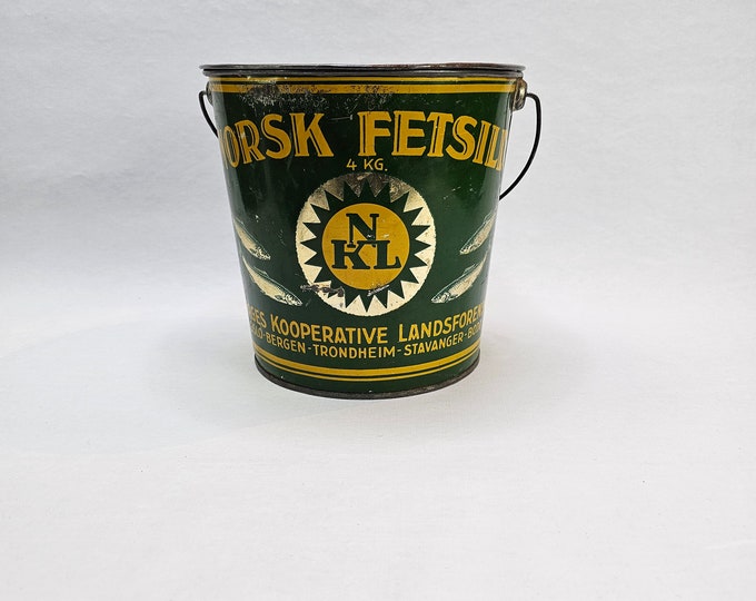 Norwegian tin box Norway Kooperative advertising box, mid-century decor, scandinavian design,Norwegian fet sild box,Rare tin box,Collectible