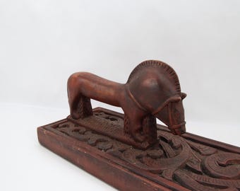 Vintage Norwegian Hand-Carved Mangel Board with Horse & Heraldic Lion | Nordic Folk Art Wall Decor | Red-Brown Painted Wood