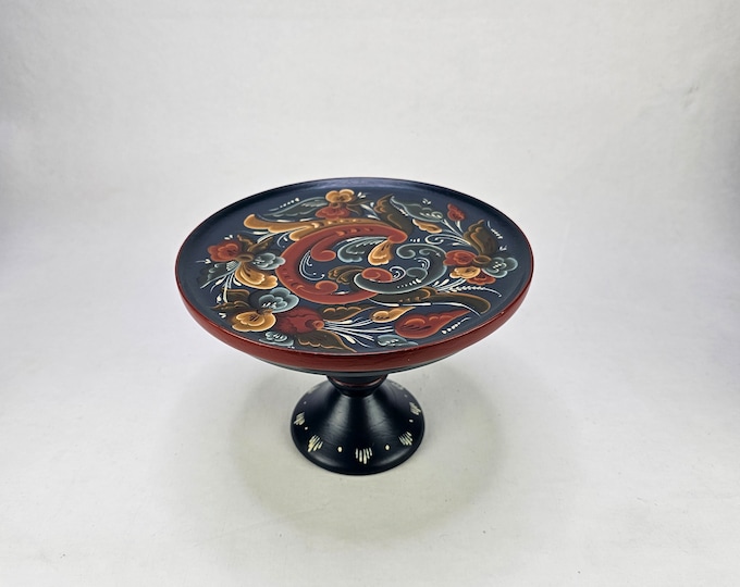 Norwegian Wooden Cakestand - Vintage wooden cupcake stand - cake pedestal display - Norwegian folkart rosepaint