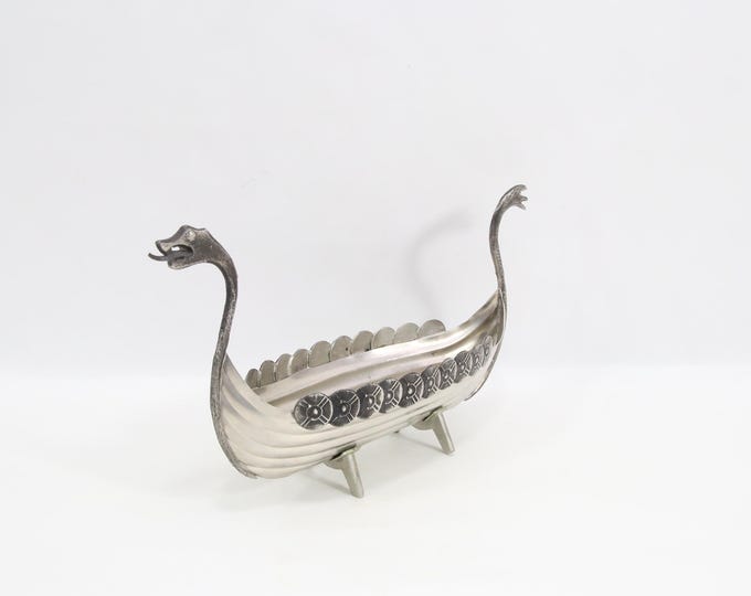 Vintage Norwegian Pewter Viking Longship Bowl | Kro Tinn Norway Handcrafted Decor | Scandinavian Mid Century Folk Art Centerpiece Gift