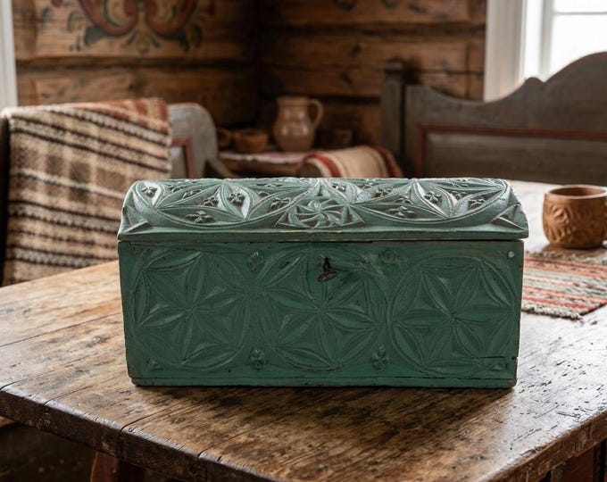 1800s Norwegian Folk Art Carved Wooden Chest Box | Traditional Nordic Folk Art Storage Chest With Original Key