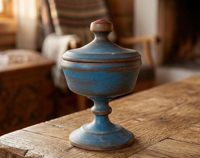 1920s Norwegian Folk Art Tobacco Jar | Hand Turned Painted Wood Lidded Container | Rustic Blue Primitive Scandinavian Decor