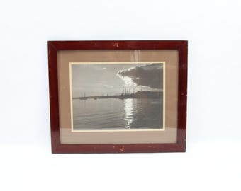 Antique Norwegian photograph harbor sunset view circa 1900, ships and waterfront in Kristiania Oslo, vintage framed maritime wall art