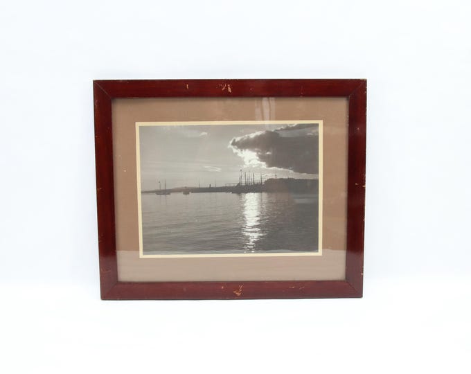 Antique Norwegian photograph harbor sunset view circa 1900, ships and waterfront in Kristiania Oslo, vintage framed maritime wall art