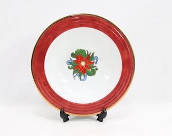 Vintage Porsgrund Christmas Bowl Norway | Nordic Porcelain Dessert Bowl | Red Rim Floral Design | Scandinavian Holiday Tableware Collectible