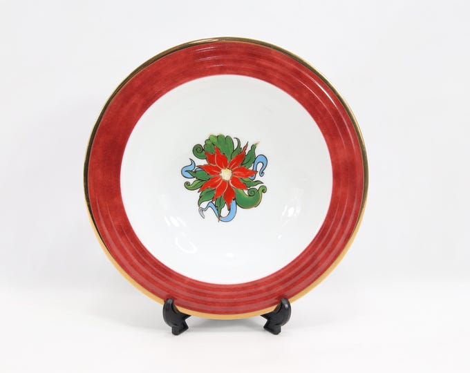 Vintage Porsgrund Christmas Bowl Norway | Nordic Porcelain Dessert Bowl | Red Rim Floral Design | Scandinavian Holiday Tableware Collectible