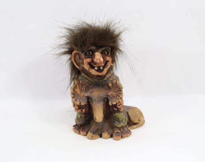 Norwegian Fosse Troll Riding Moose Figurine | Handmade Norway Latex Troll Model 211 Sven Schulze 1980s Vintage Scandinavian Folk Art
