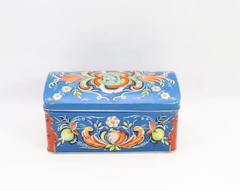 Vintage Norwegian Rosemaling Tin Box | Chr Bjelland Stavanger Sardine Advertising Chest | Holiday Keepsake Box