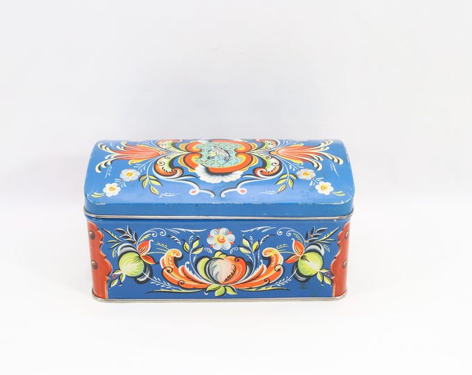 Vintage Norwegian Rosemaling Tin Box | Chr Bjelland Stavanger Sardine Advertising Chest | Holiday Keepsake Box