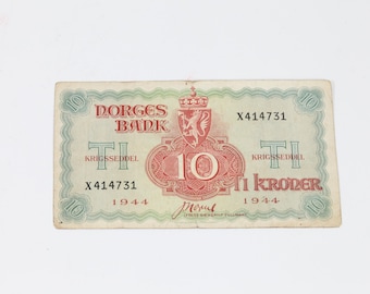 Ten kroner 1944 Norwegian war banknote X414731 | Rare war bank note | Collectible Currency | Collectible London bank note